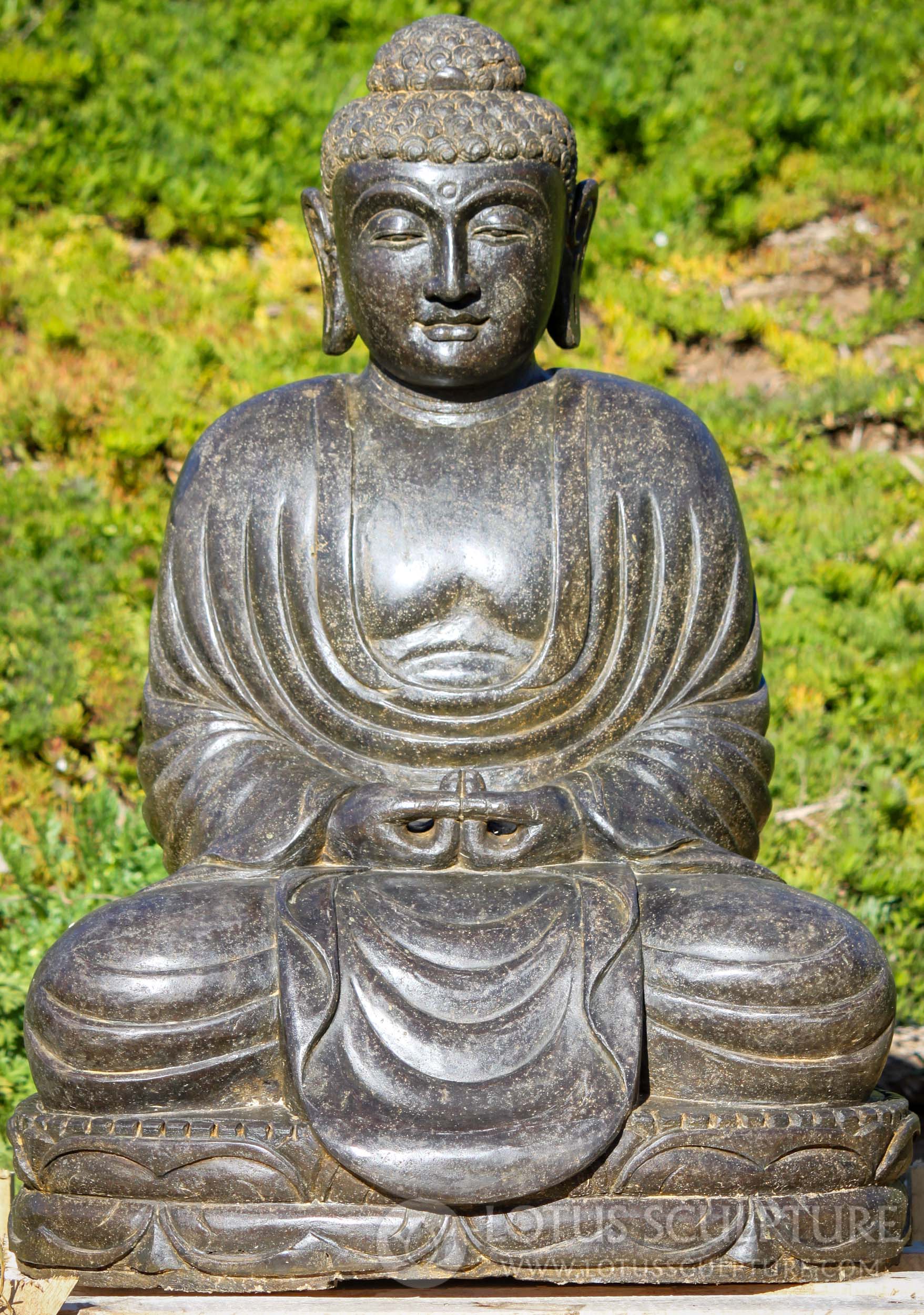 SOLD Stone Amitabha Buddha Garden Sculpture in "Mida-no-Join" Mediation Mudra 31" Questions & Answers