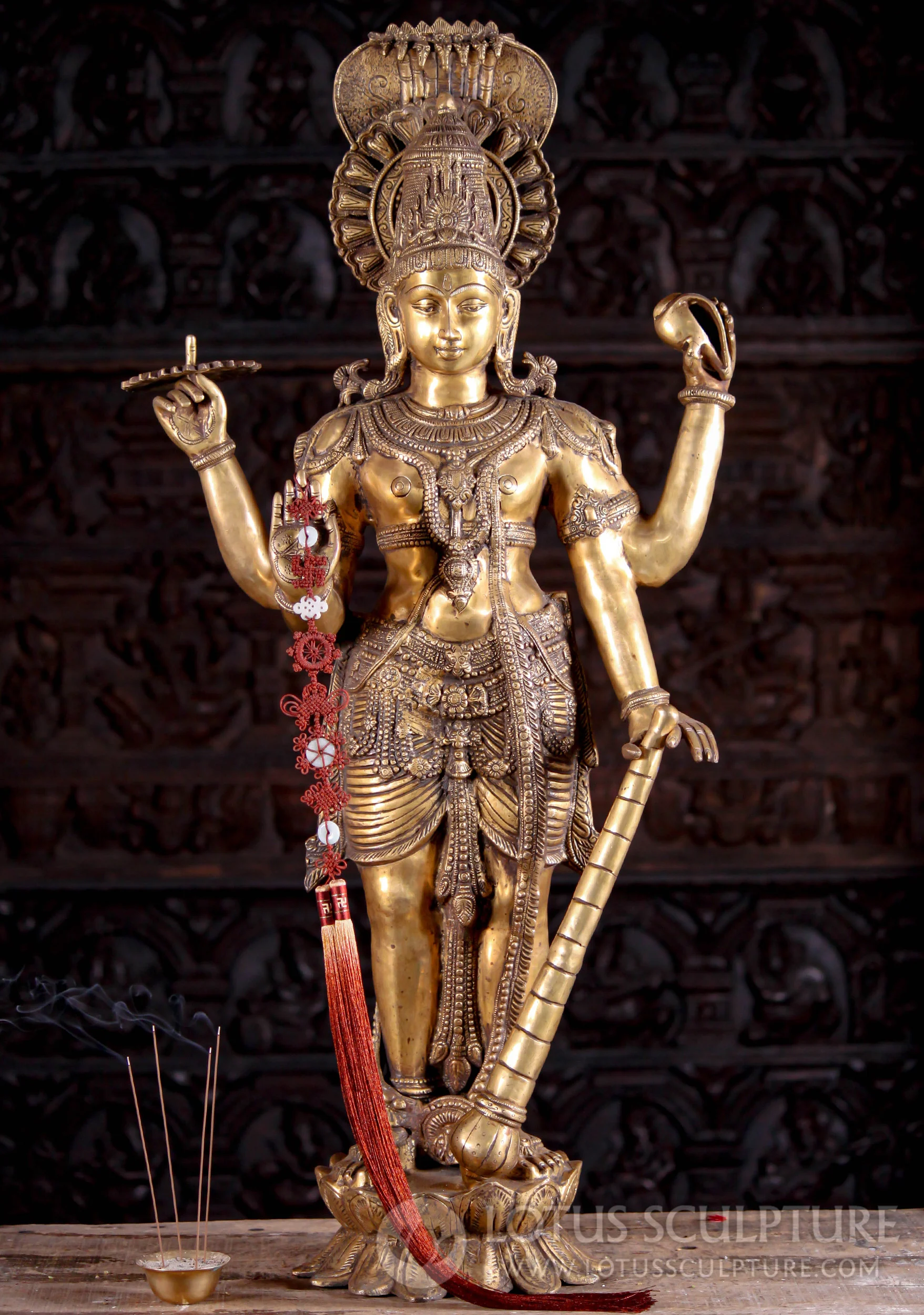 SOLD Polished Gold Brass Standing Vishnu Statue with 7-Headed Serpent and Gada 40" Questions & Answers