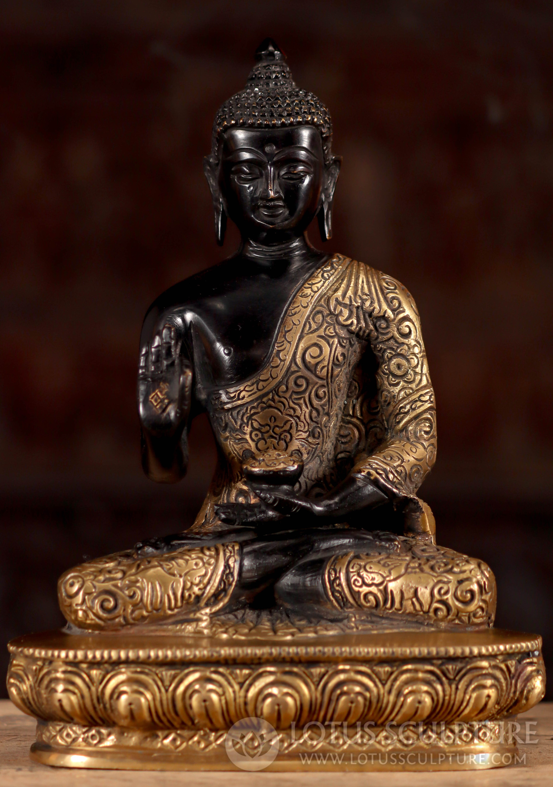 Detailed Indian Brass Buddha Statue Seated with Ornate Motifs on Lotus Base 9.5" Questions & Answers