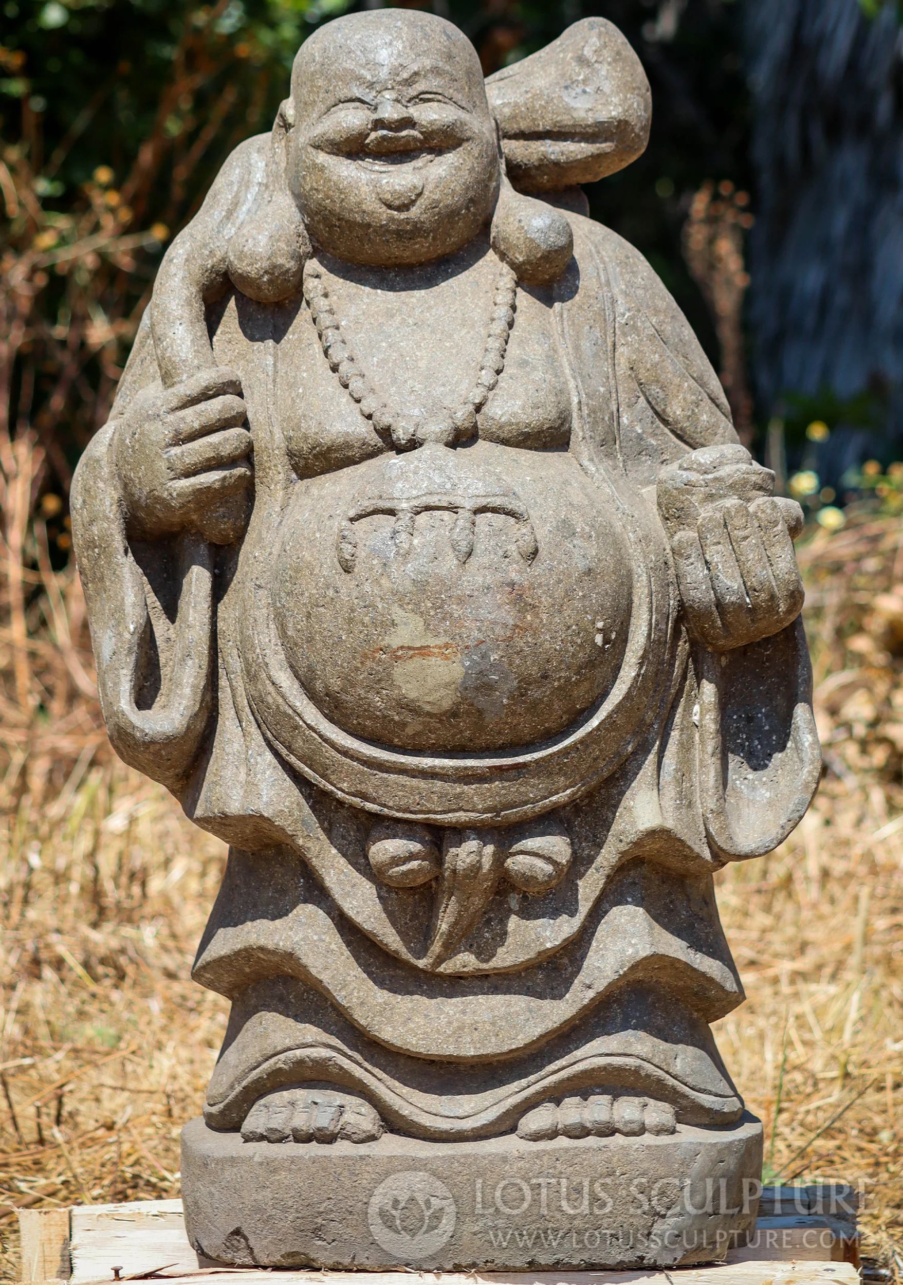 SOLD Stone Fat & Happy Garden Buddha of Wealth Sculpture With Mala & Gold Ingot 34" Questions & Answers