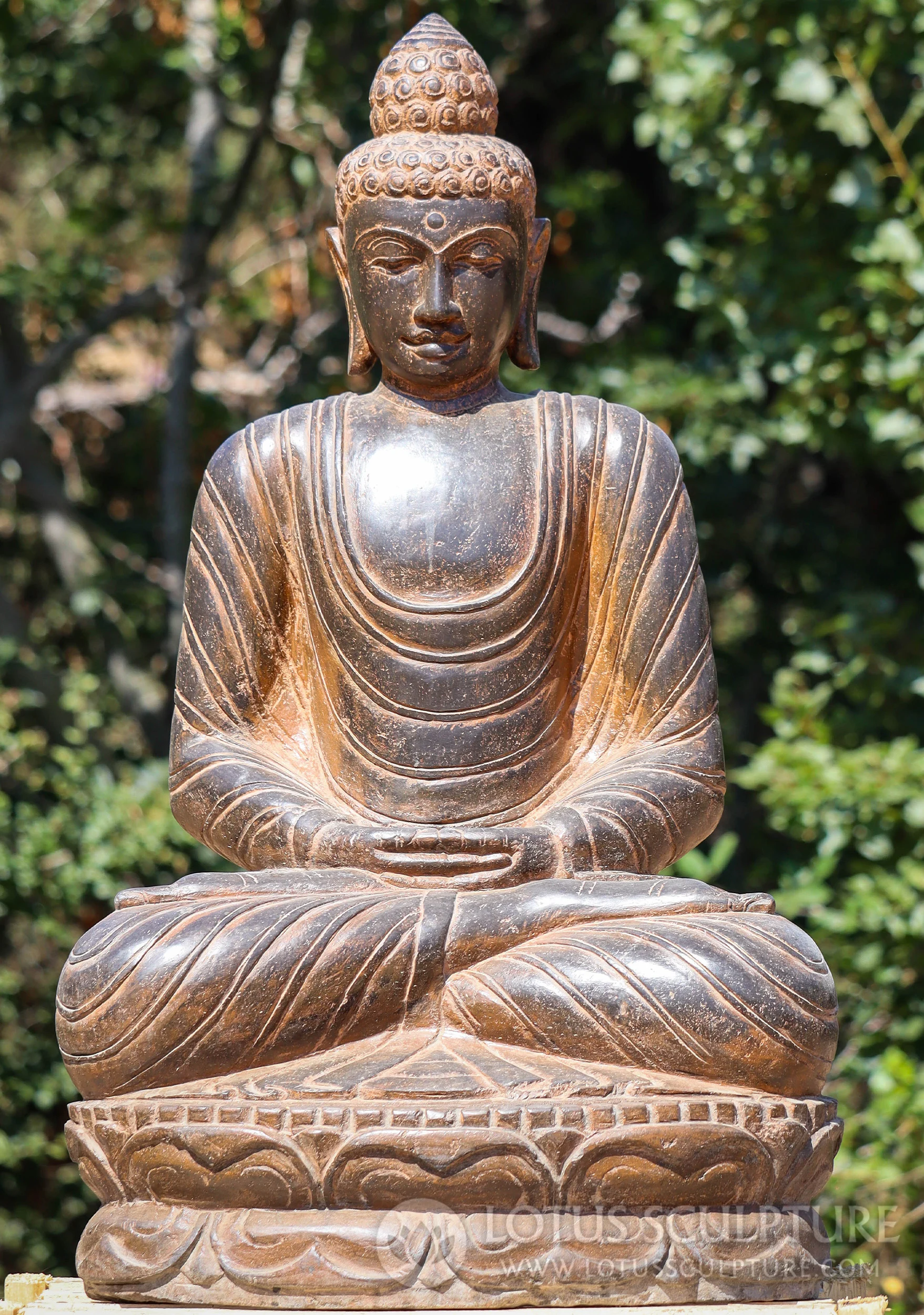 SOLD Saffron-Colored Lava Stone Buddha: Meditative Serenity for Garden Sanctuaries 36" Questions & Answers