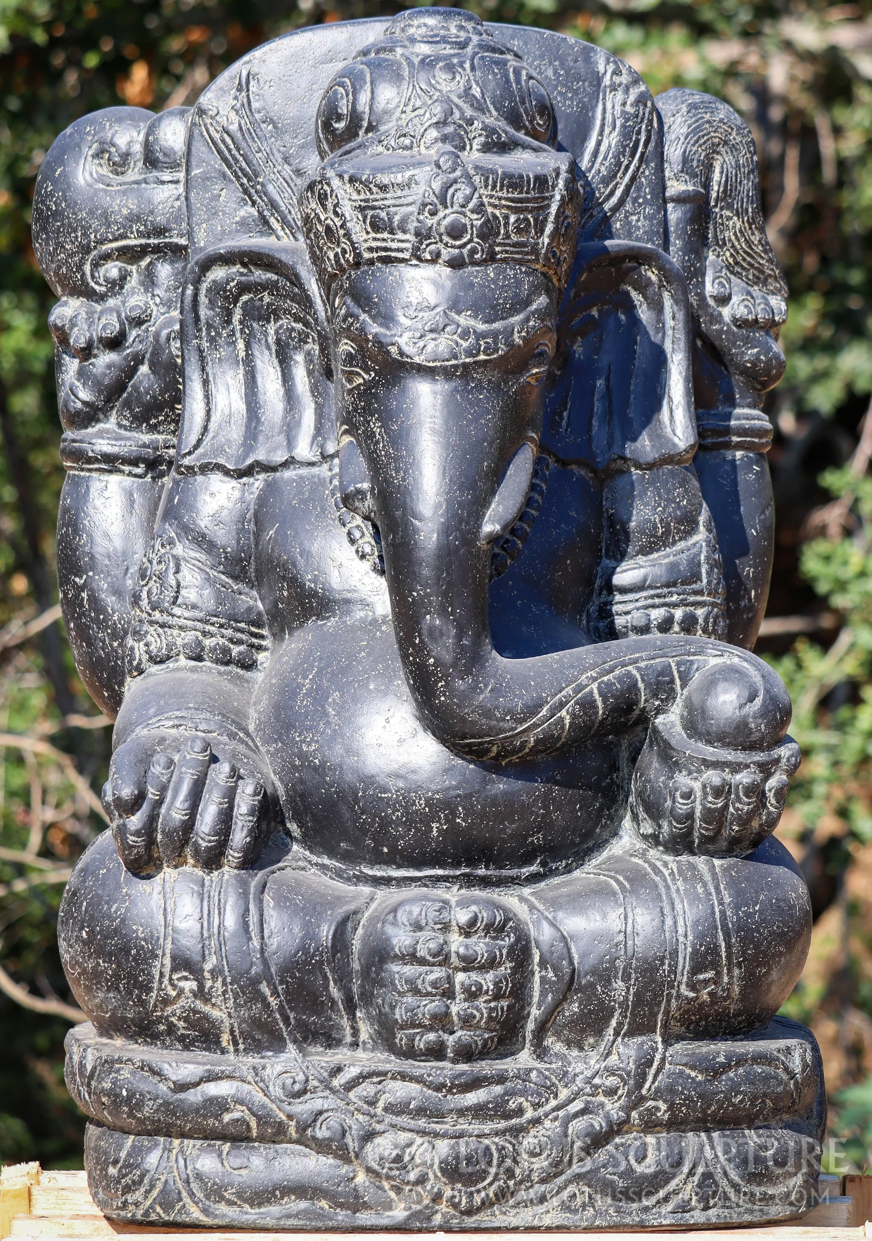 PREORDER Ganesh Hindu Garden Sculpture with Broken Tusk & Mahakala on the Back 40" Questions & Answers