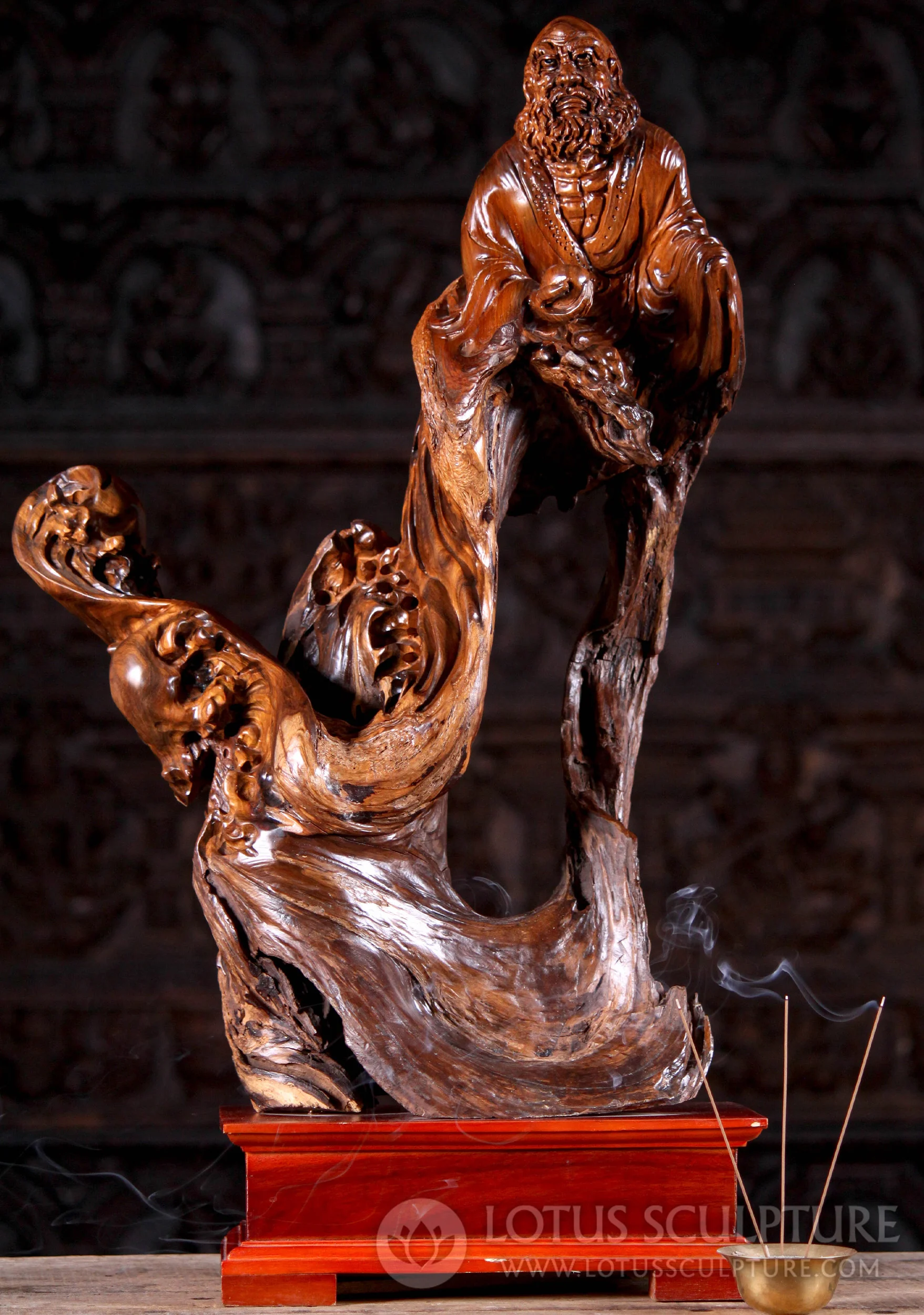 Bodhidharma Vietnamese Hardwood Hand-Carved Twisted Root Wood and Waves 28" Questions & Answers