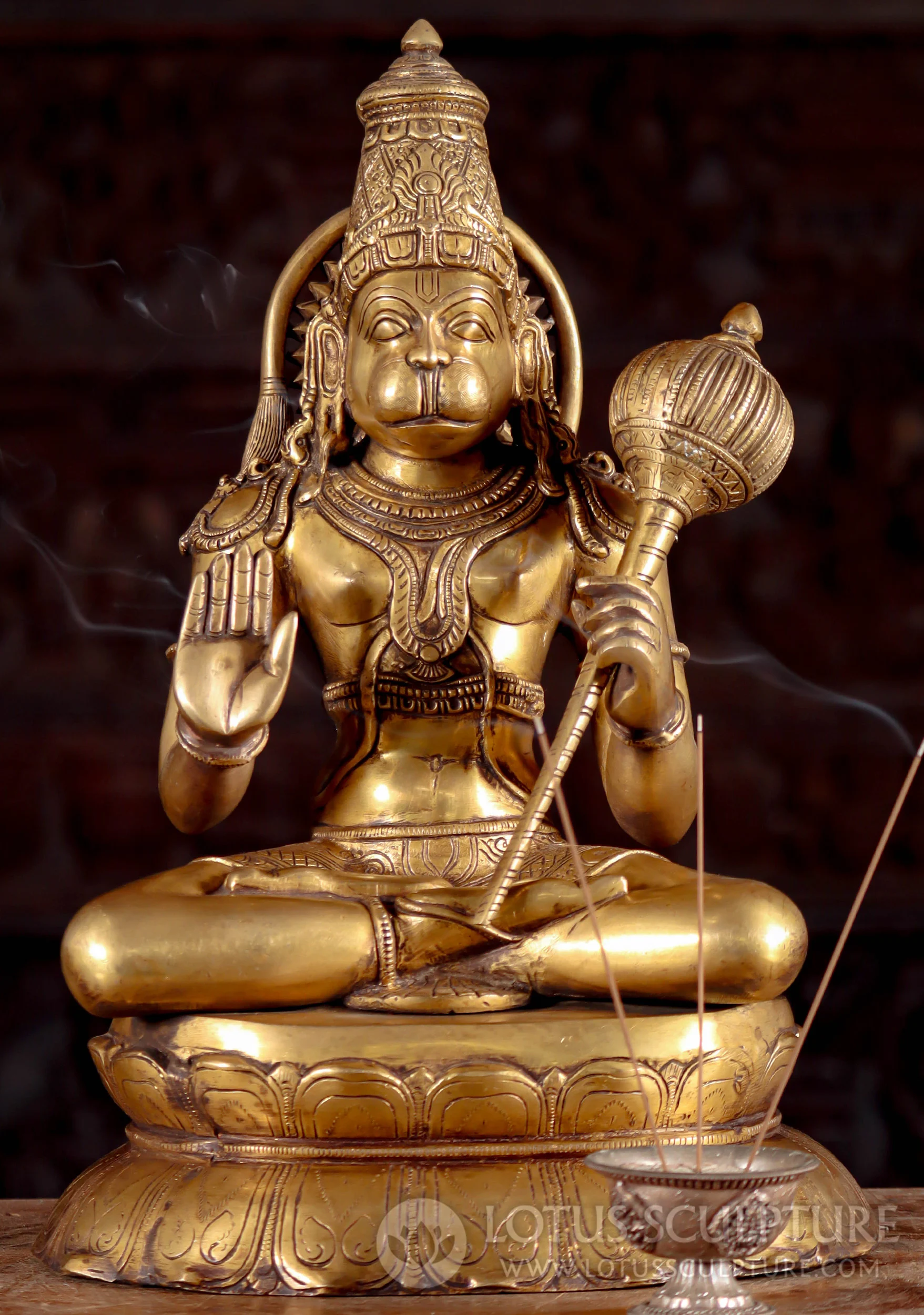 Brass Hanuman Statue Seated in Padmasana Position with Club & Halo on Lotus Base 16" Questions & Answers