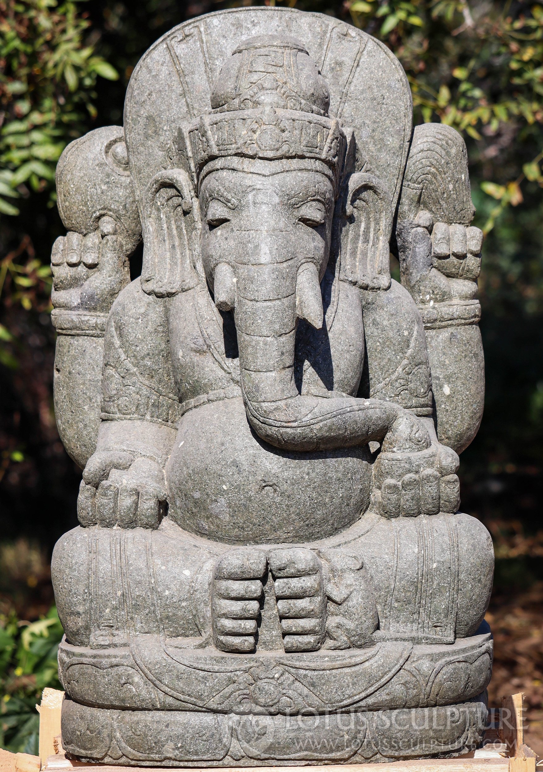 SOLD Stone Hand Carved Seated Ganesh With Mahakala on Back Garden Sculpture 39" Questions & Answers