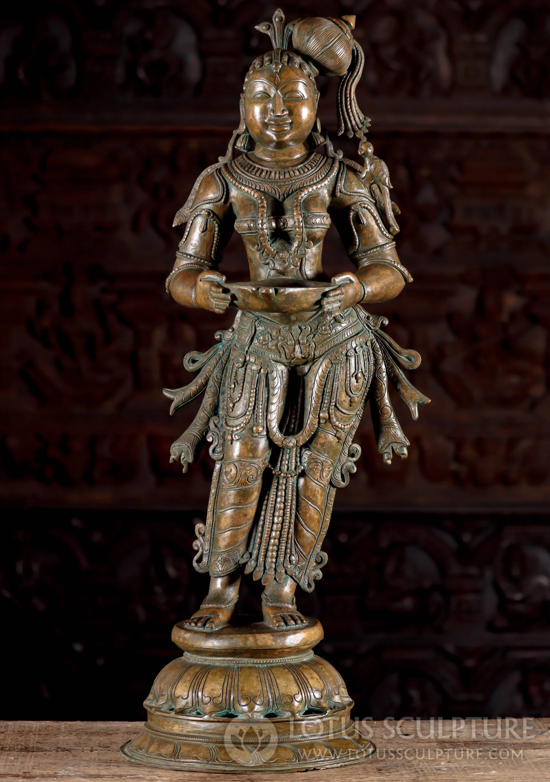 South Indian Panchaloha Bronze Deepa Lakshmi Statue with Lamp, Ideal for Diwali Festival 30" Questions & Answers